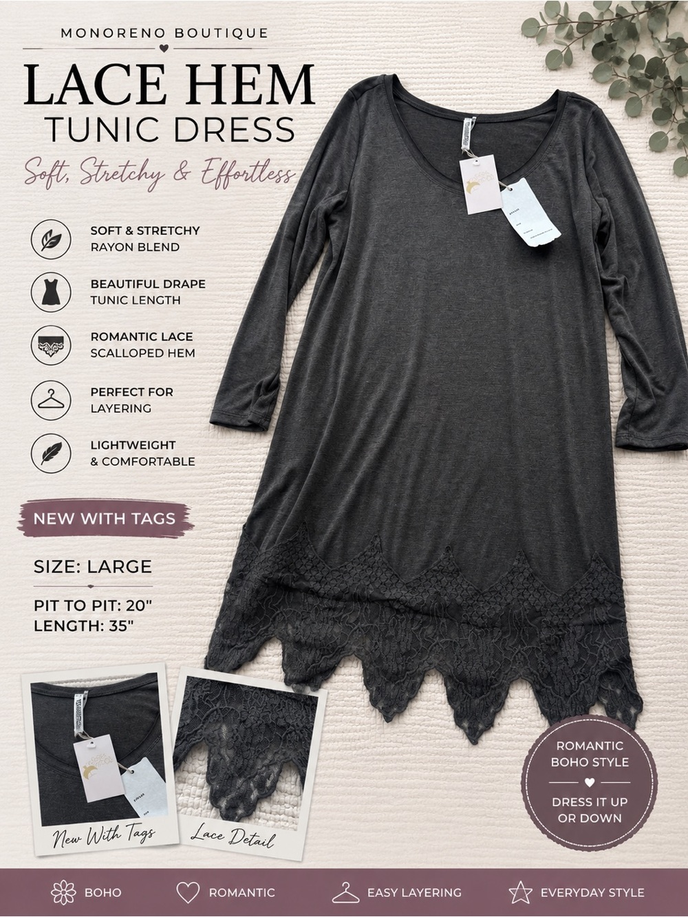 Monoreno Boutique Lace Hem Tunic Dress Charcoal Gray Boho Soft Stretch